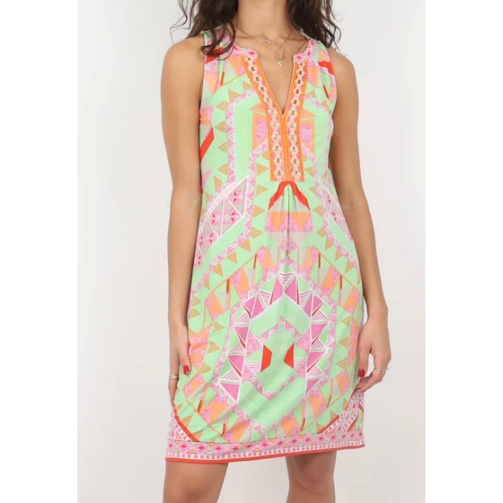 Hale Bob Sleeveless Geometric Beaded V-Neck Shift Dress Resort Jersey soft NEW